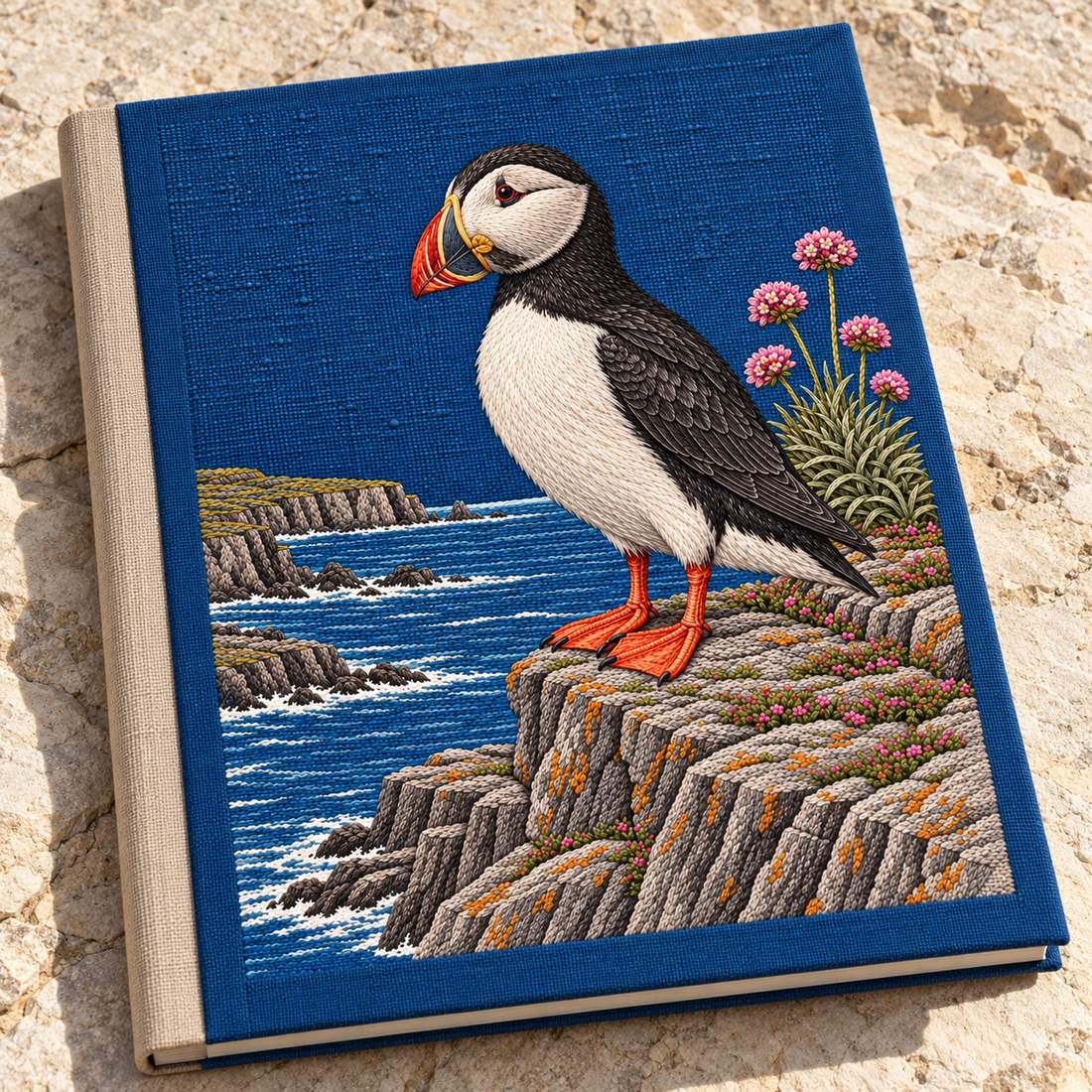 Puffin at the Sea Pink Ledge visual mockup shown on a cloth portfolio cover, with the design on deep blue linen.