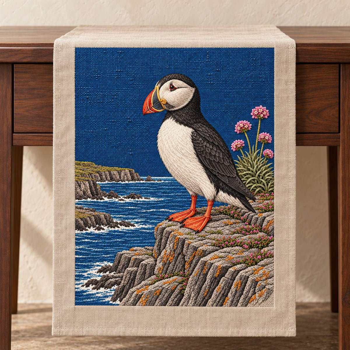 Puffin at the Sea Pink Ledge visual mockup shown on a textile runner over a console, with the design on deep blue linen.