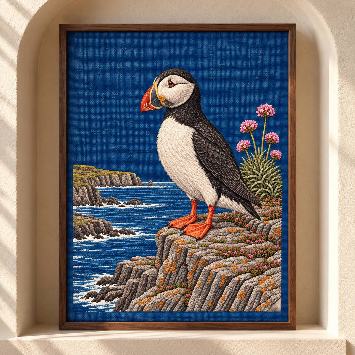 Puffin at the Sea Pink Ledge visual mockup shown as a framed textile in a gallery niche, with the design on deep blue linen.