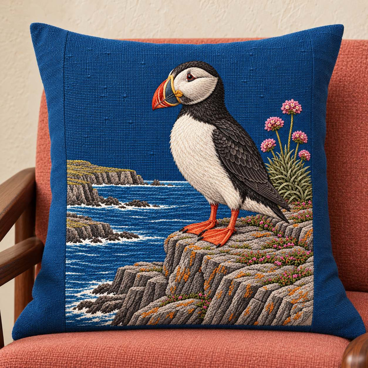 Puffin at the Sea Pink Ledge visual mockup shown on a cushion in a lounge chair, with the design on deep blue linen.