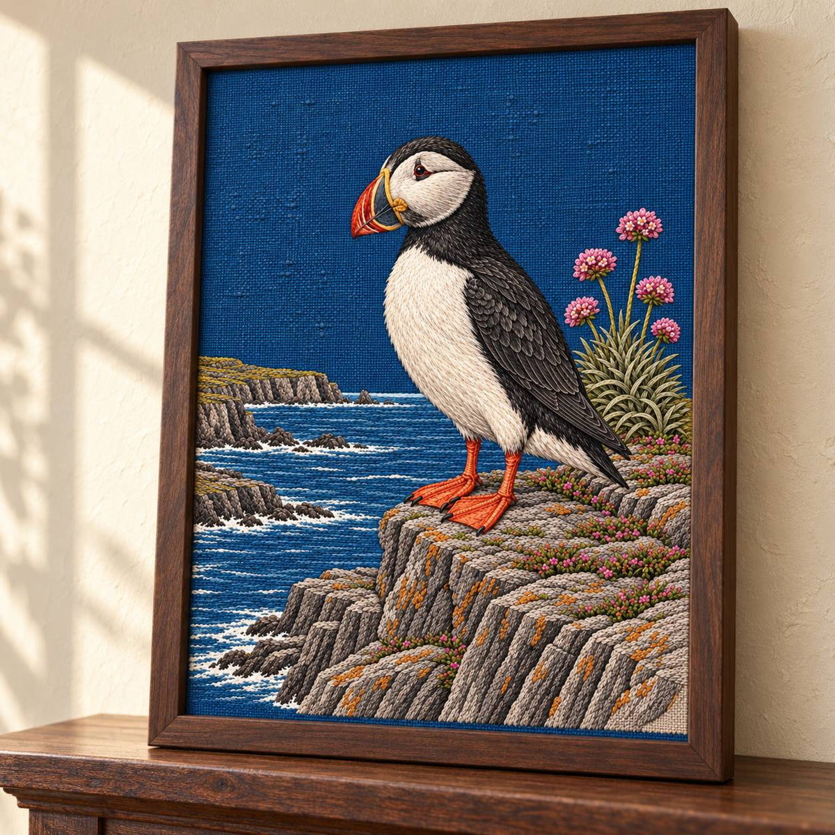 Puffin at the Sea Pink Ledge visual mockup shown in a frame leaning on a mantel, with the design on deep blue linen.