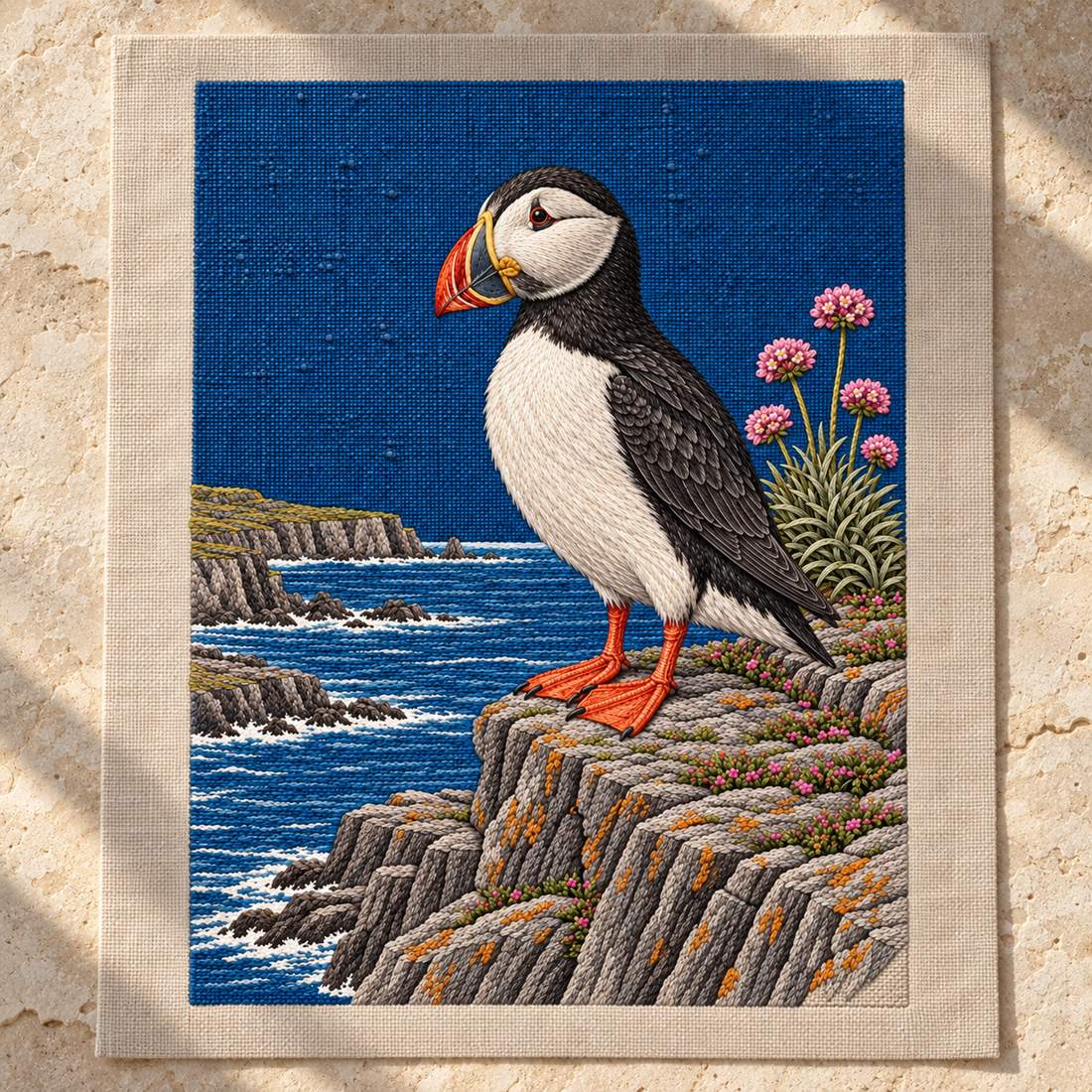 Puffin at the Sea Pink Ledge visual mockup shown as a textile panel on a stone platform, with the design on deep blue linen.