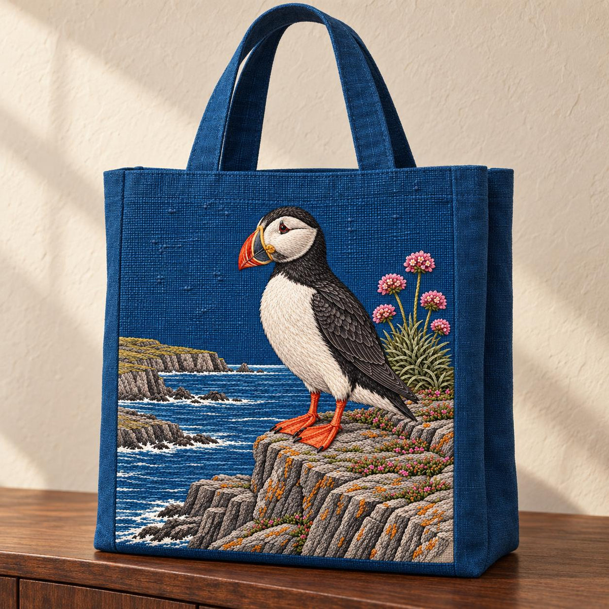 Puffin at the Sea Pink Ledge visual mockup shown on the front of a structured linen tote, with the design on deep blue linen.