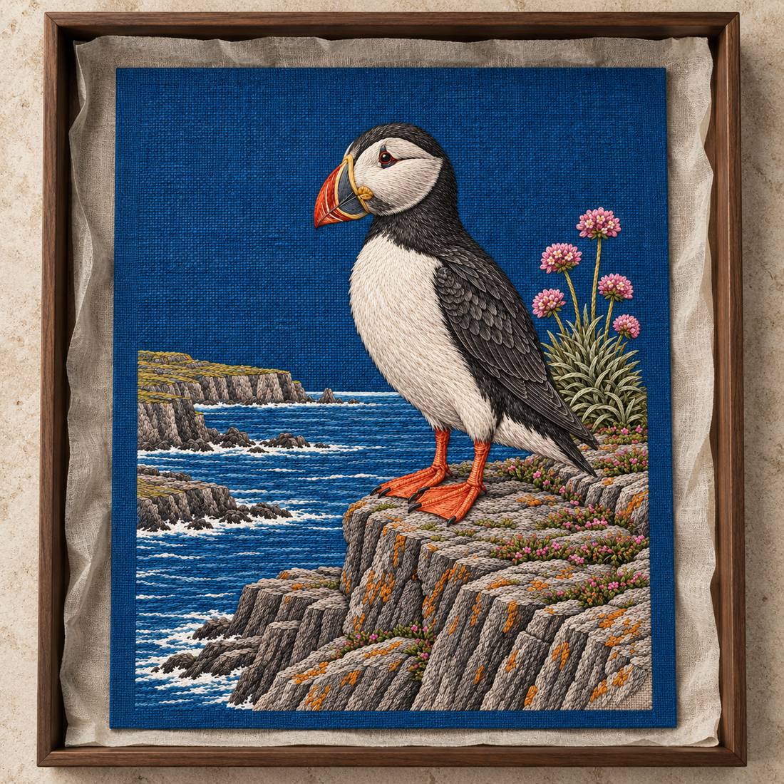 Puffin at the Sea Pink Ledge visual mockup shown as a textile panel in a collection tray, with the design on deep blue linen.
