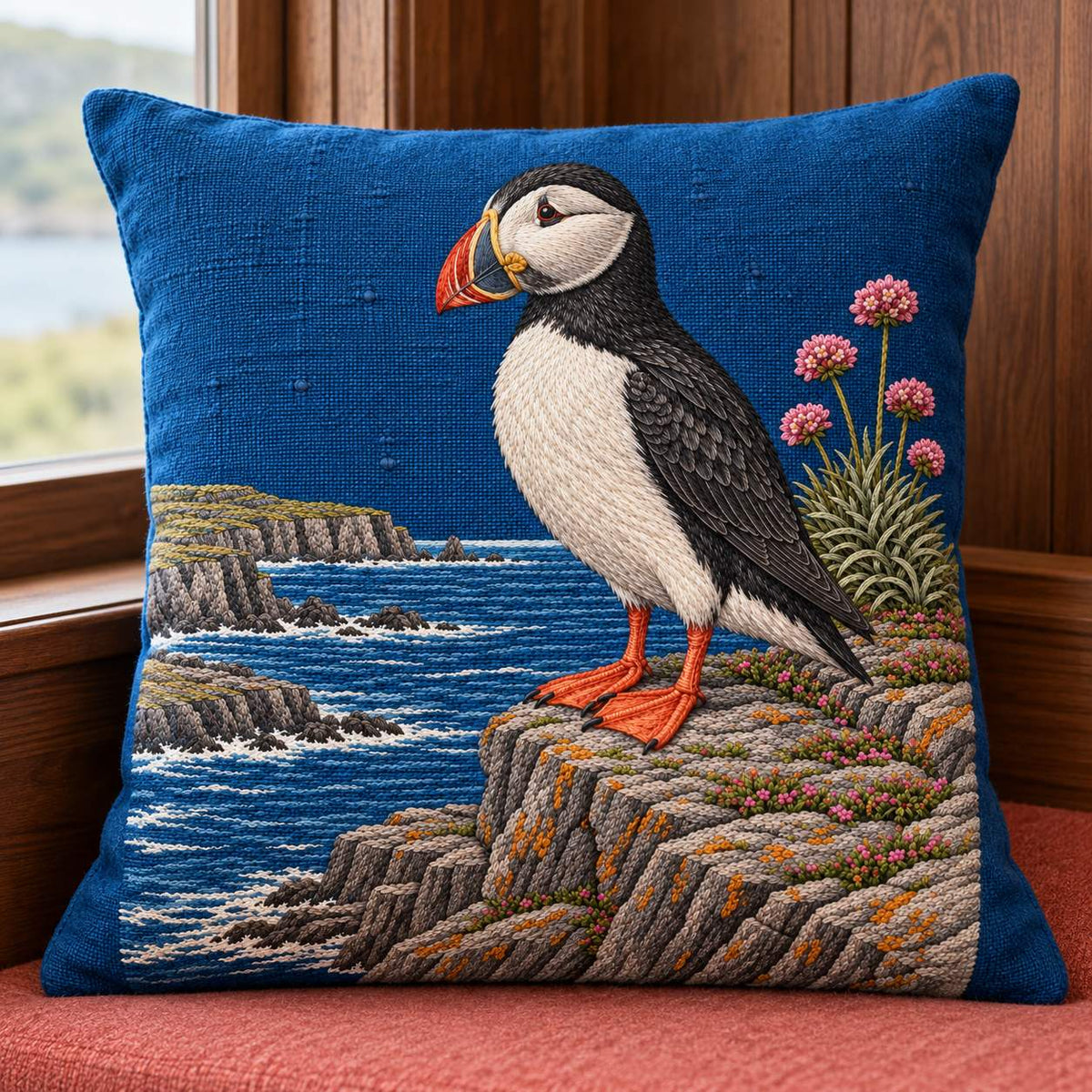 Puffin at the Sea Pink Ledge visual mockup shown on a cushion beside a window, with the design on deep blue linen.