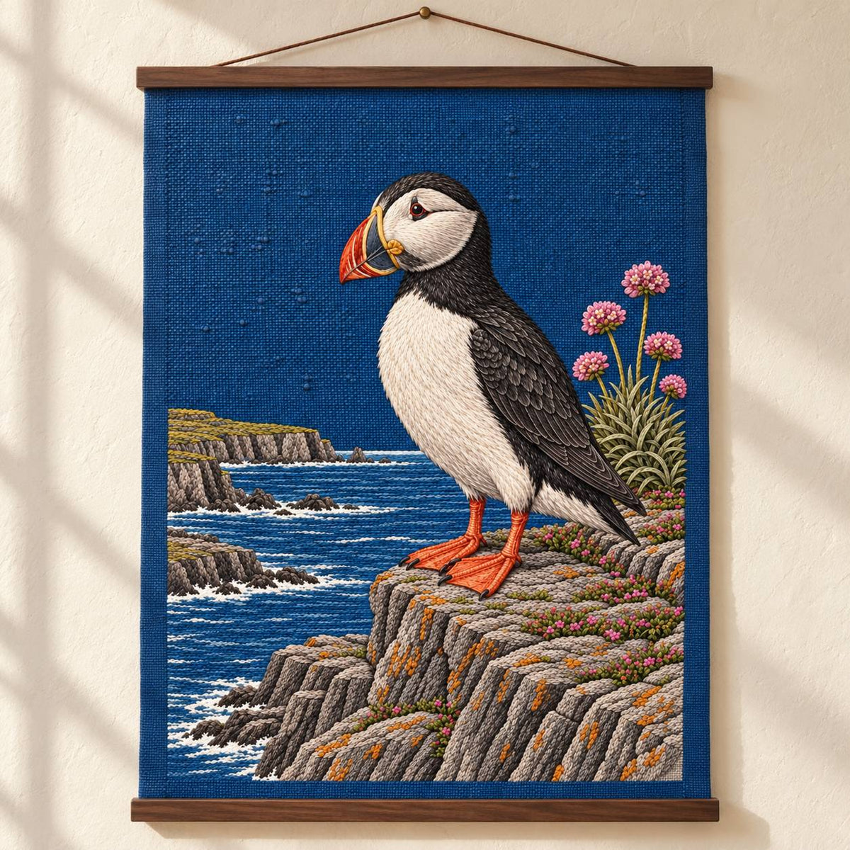 Puffin at the Sea Pink Ledge visual mockup shown as a hanging textile held by wooden rails, with the design on deep blue linen.