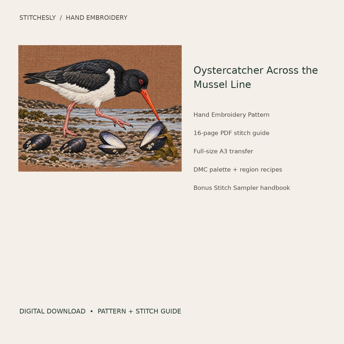 Oystercatcher Across the Mussel Line: digital hand embroidery pattern cover with artwork and included files