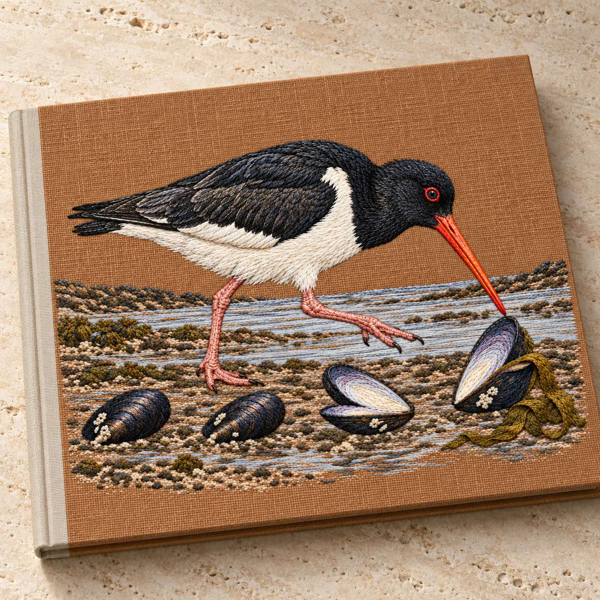 Oystercatcher Across the Mussel Line visual mockup shown on a cloth portfolio cover, with the design on warm ochre linen.