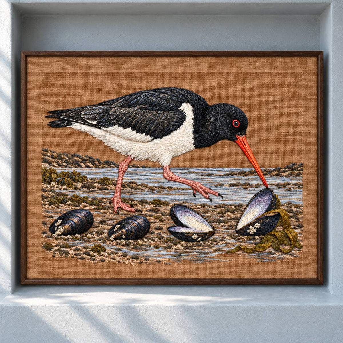 Oystercatcher Across the Mussel Line visual mockup shown as a framed textile in a gallery niche, with the design on warm ochre linen.