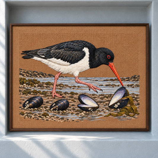Oystercatcher Across the Mussel Line visual mockup shown as a framed textile in a gallery niche, with the design on warm ochre linen.