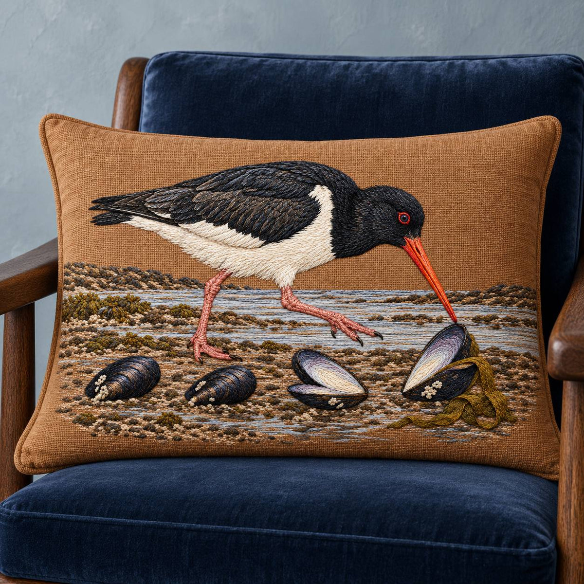 Oystercatcher Across the Mussel Line visual mockup shown on a cushion in a lounge chair, with the design on warm ochre linen.