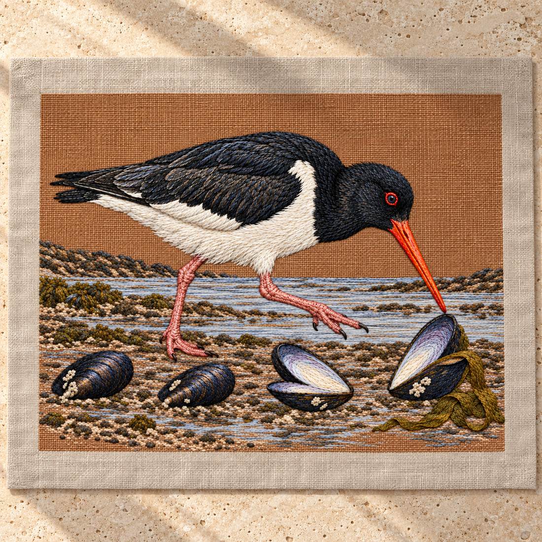 Oystercatcher Across the Mussel Line visual mockup shown as a textile panel on a stone platform, with the design on warm ochre linen.