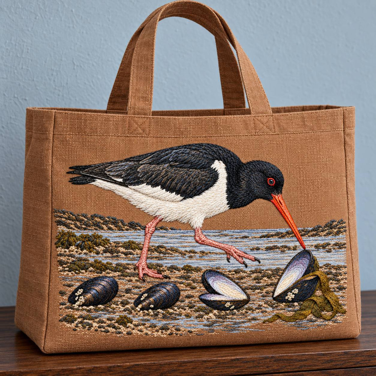 Oystercatcher Across the Mussel Line visual mockup shown on the front of a structured linen tote, with the design on warm ochre linen.