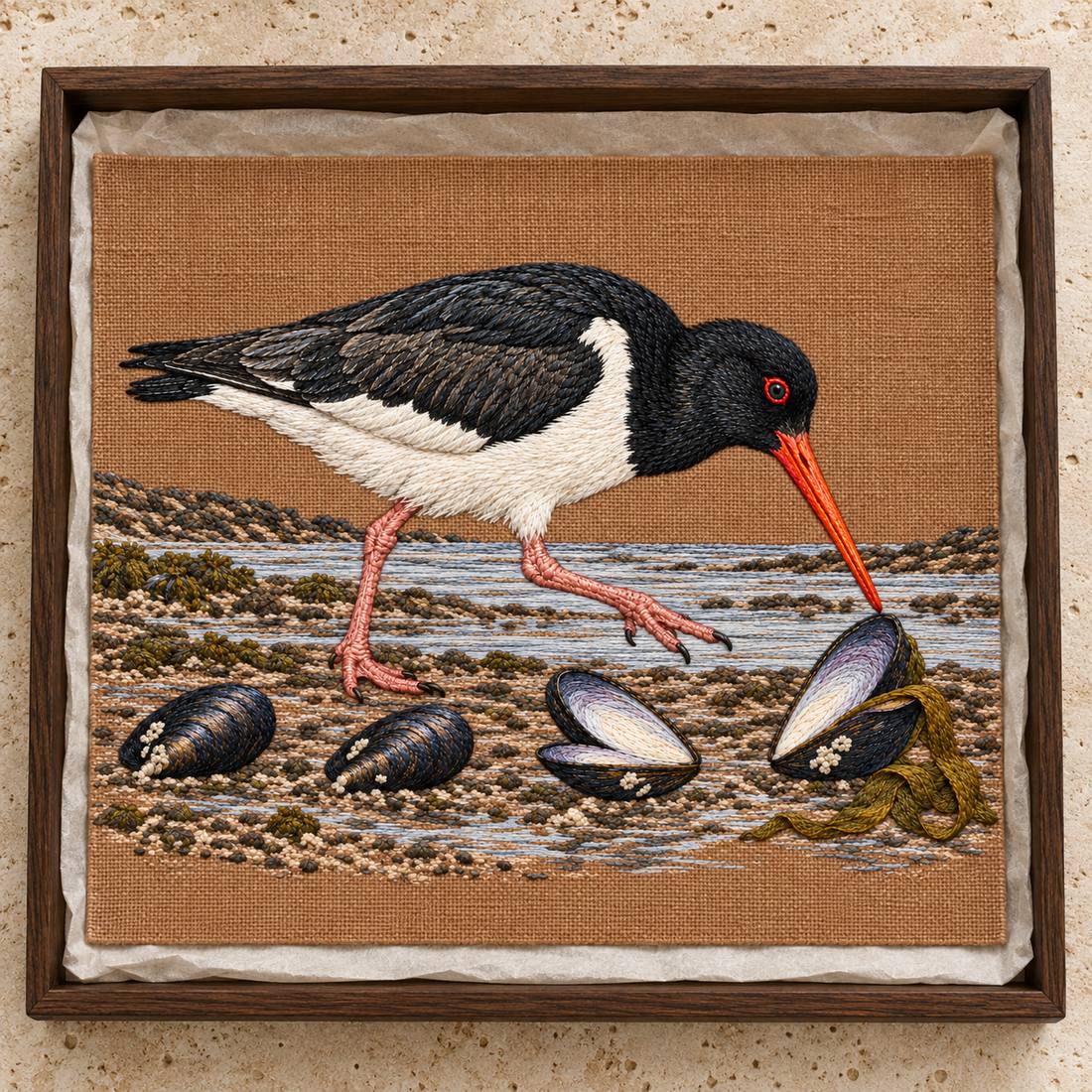 Oystercatcher Across the Mussel Line visual mockup shown as a textile panel in a collection tray, with the design on warm ochre linen.