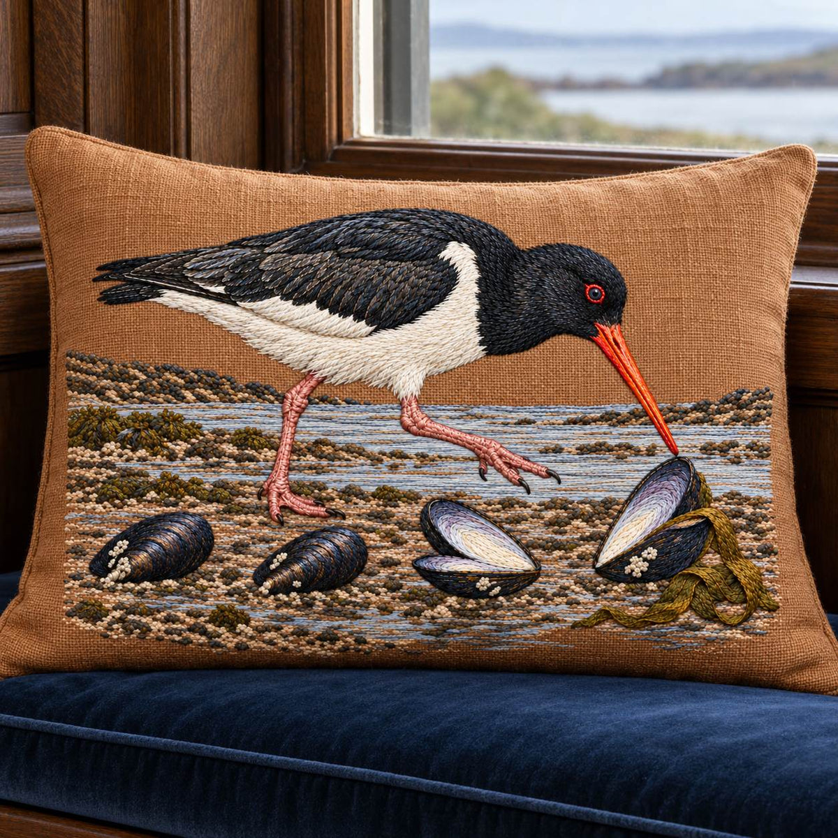 Oystercatcher Across the Mussel Line visual mockup shown on a cushion beside a window, with the design on warm ochre linen.
