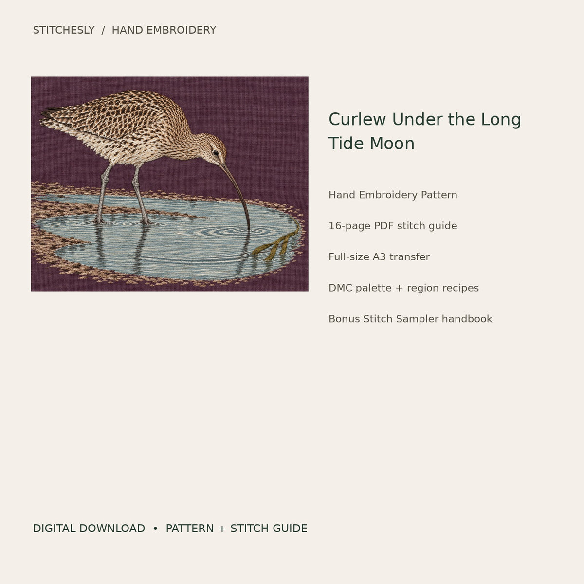 Curlew Under the Long Tide Moon: digital hand embroidery pattern cover with artwork and included files