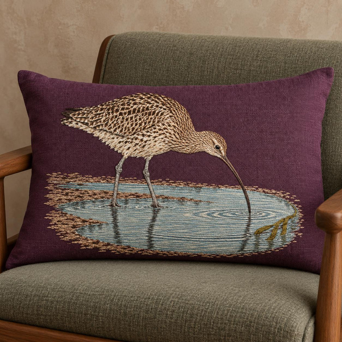 Curlew Under the Long Tide Moon visual mockup shown on a cushion in a lounge chair, with the design on deep plum linen.