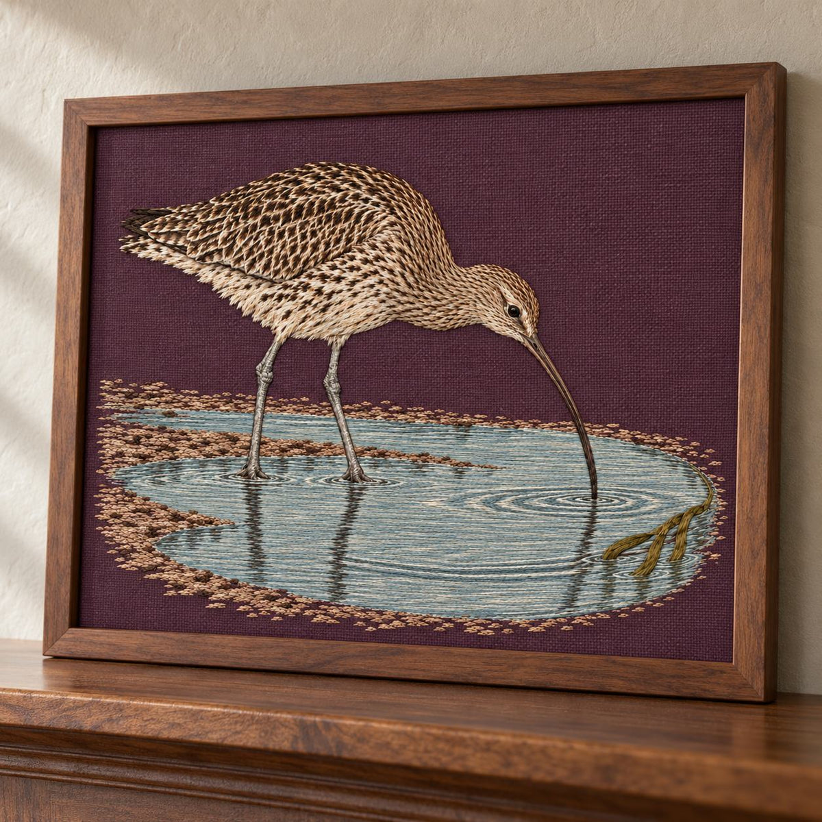Curlew Under the Long Tide Moon visual mockup shown in a frame leaning on a mantel, with the design on deep plum linen.