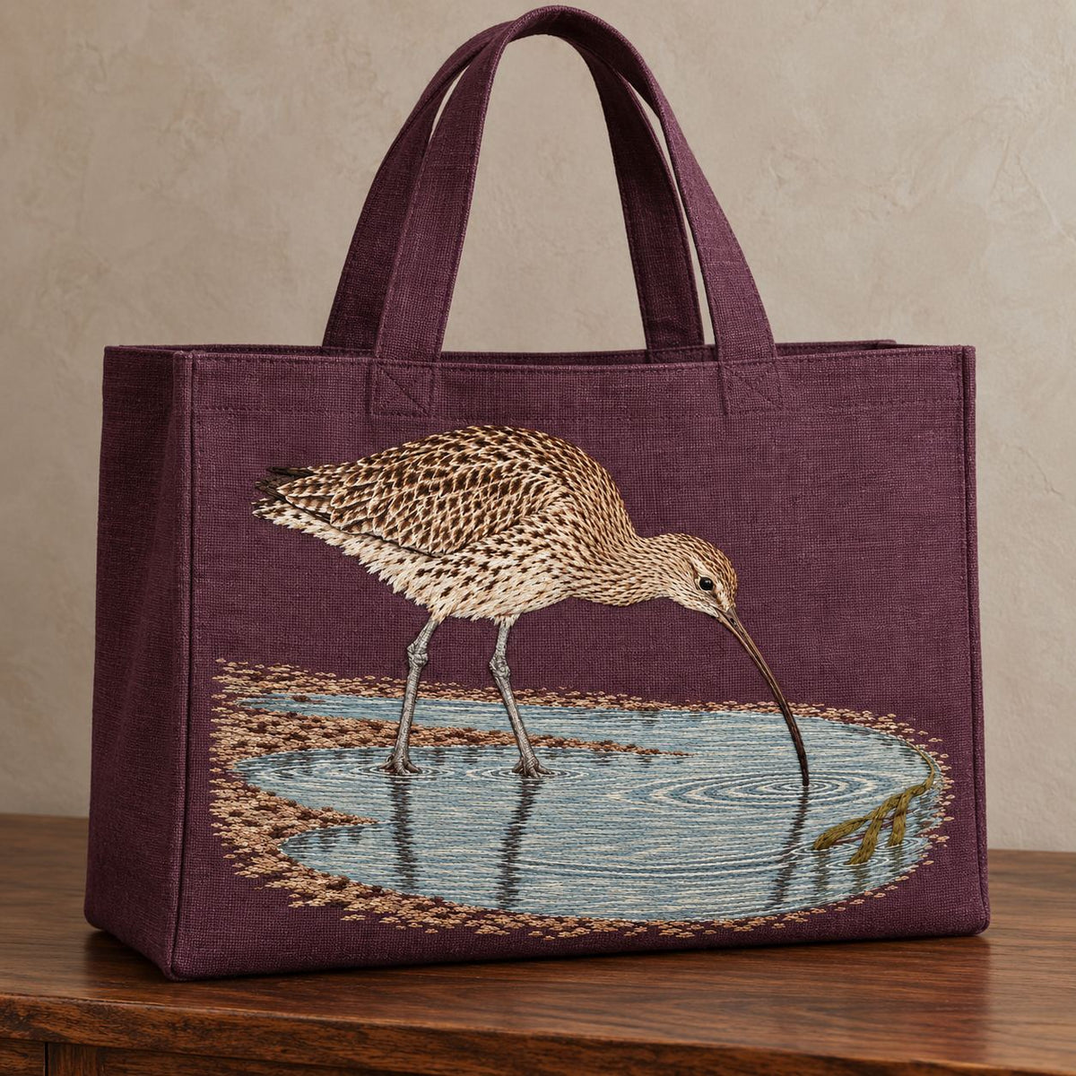 Curlew Under the Long Tide Moon visual mockup shown on the front of a structured linen tote, with the design on deep plum linen.