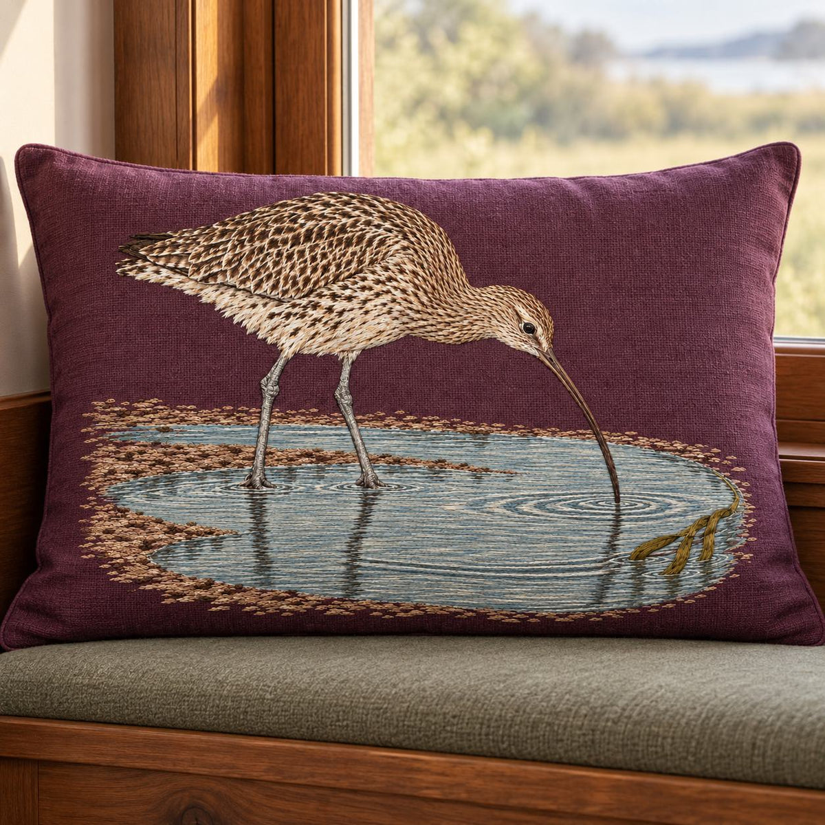 Curlew Under the Long Tide Moon visual mockup shown on a cushion beside a window, with the design on deep plum linen.