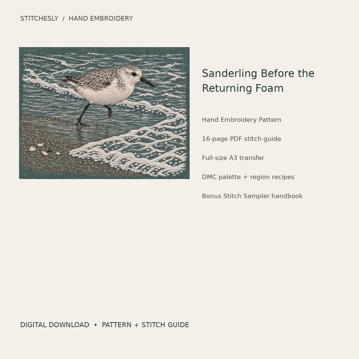 Sanderling Before the Returning Foam: digital hand embroidery pattern cover with artwork and included files