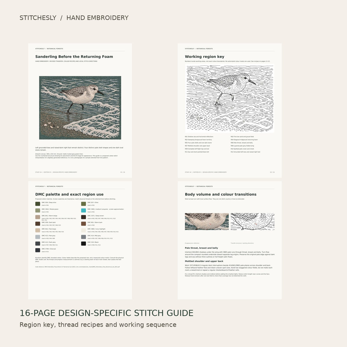 Sanderling Before the Returning Foam: preview of the 16-page stitch guide, region key, DMC palette and stitching instructions