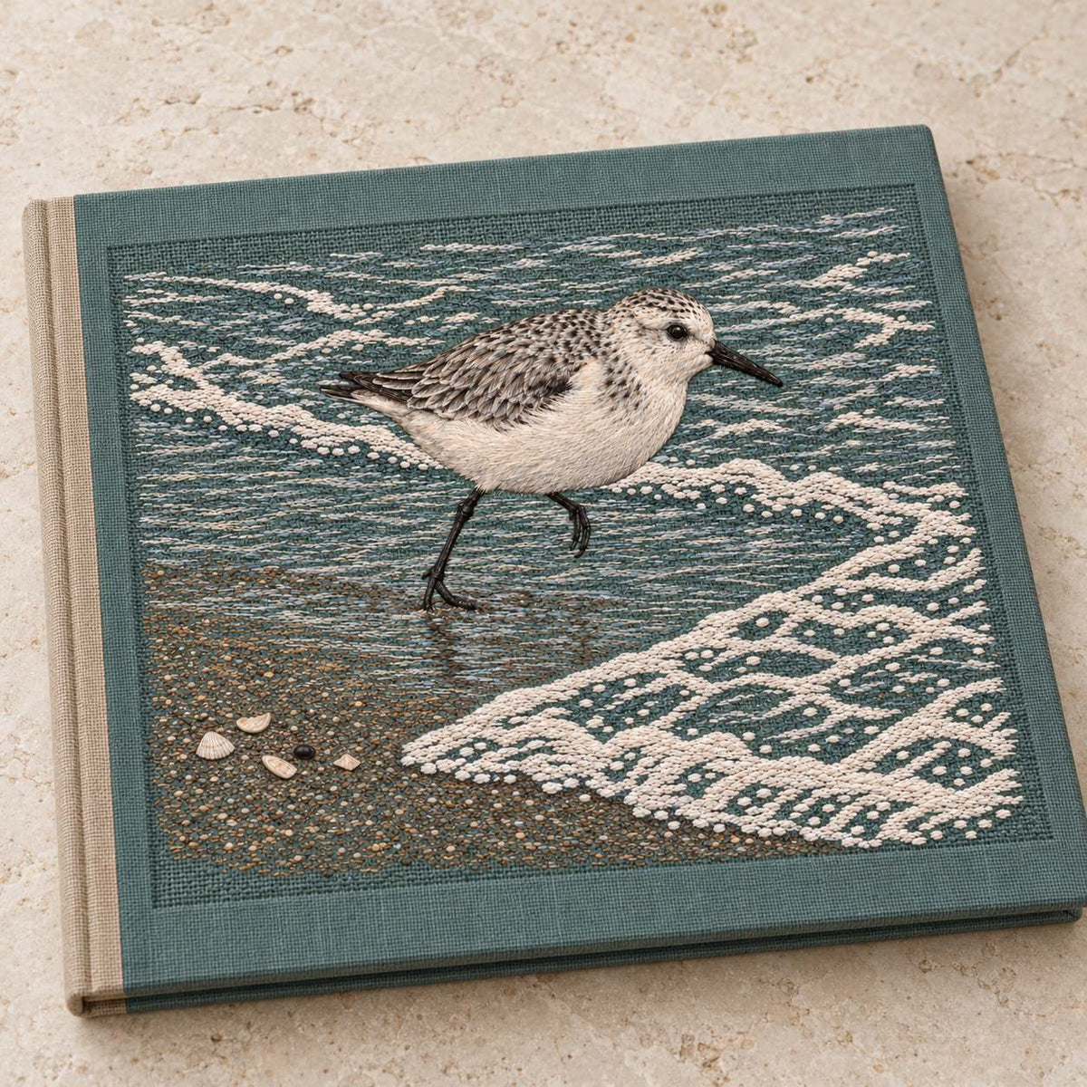 Sanderling Before the Returning Foam visual mockup shown on a cloth portfolio cover, with the design on muted grey-green linen.