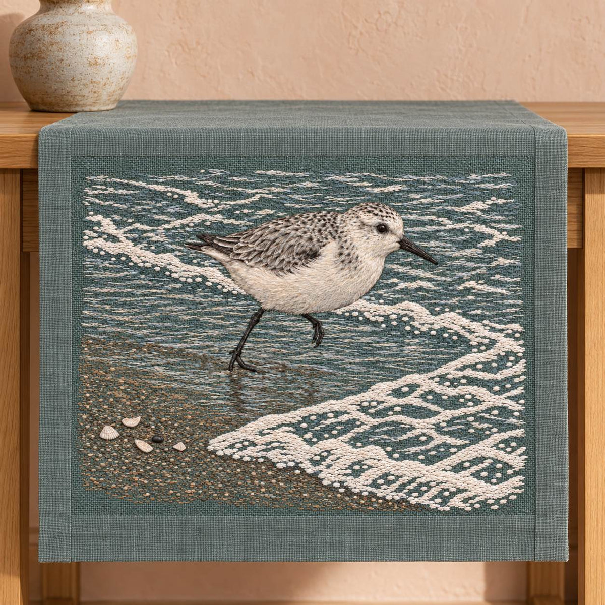 Sanderling Before the Returning Foam visual mockup shown on a textile runner over a console, with the design on muted grey-green linen.