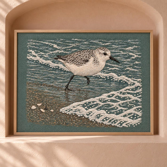 Sanderling Before the Returning Foam visual mockup shown as a framed textile in a gallery niche, with the design on muted grey-green linen.