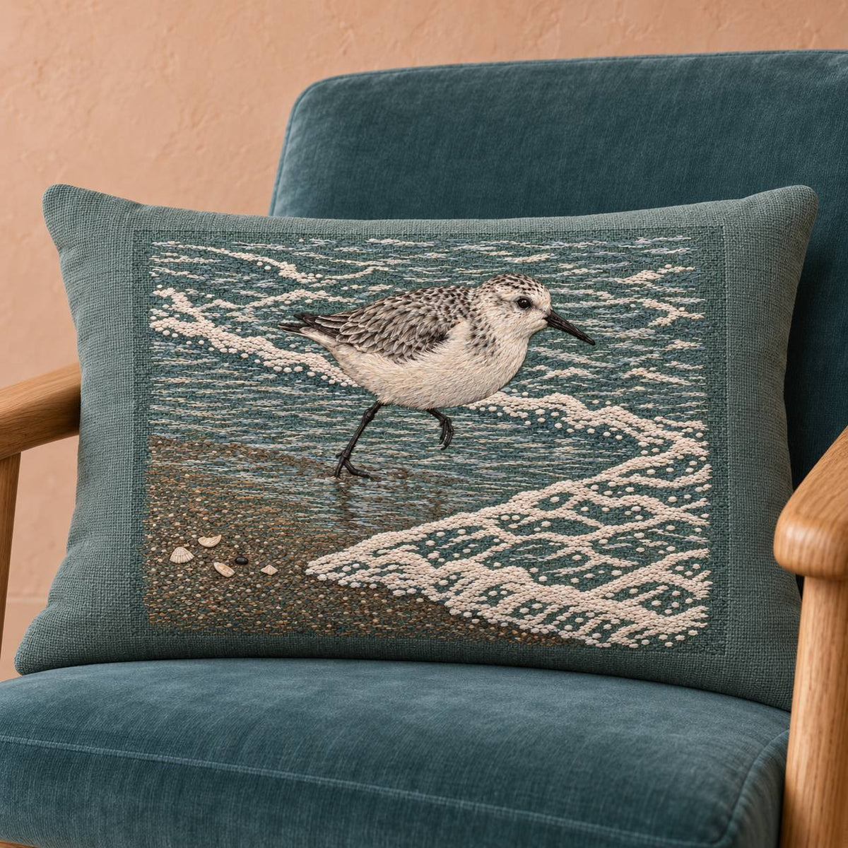 Sanderling Before the Returning Foam visual mockup shown on a cushion in a lounge chair, with the design on muted grey-green linen.