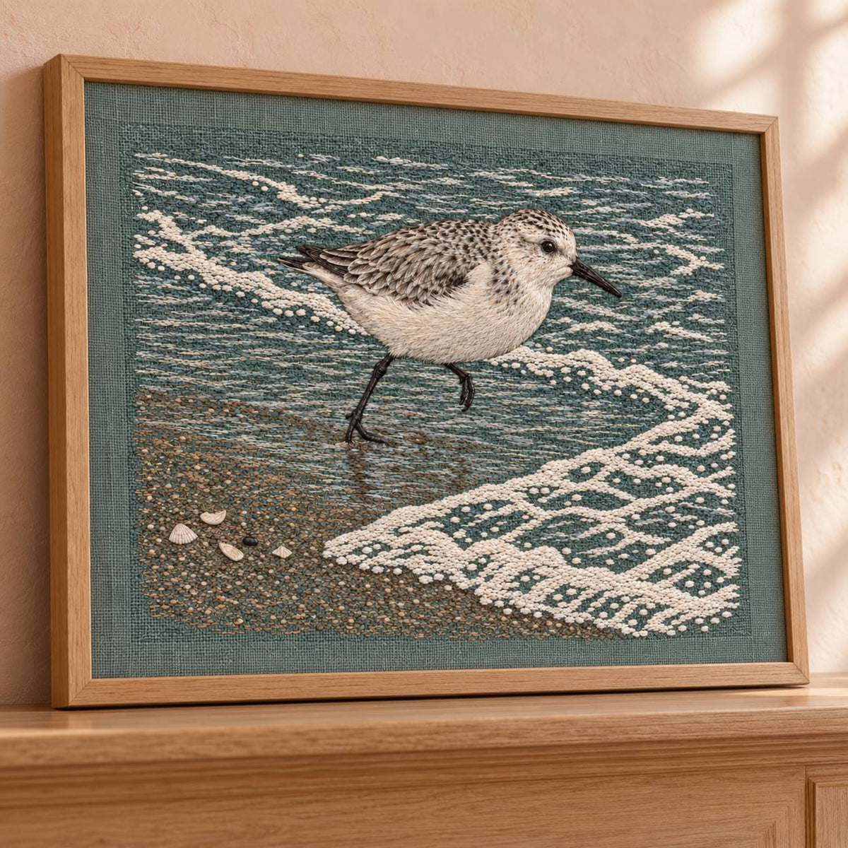 Sanderling Before the Returning Foam visual mockup shown in a frame leaning on a mantel, with the design on muted grey-green linen.