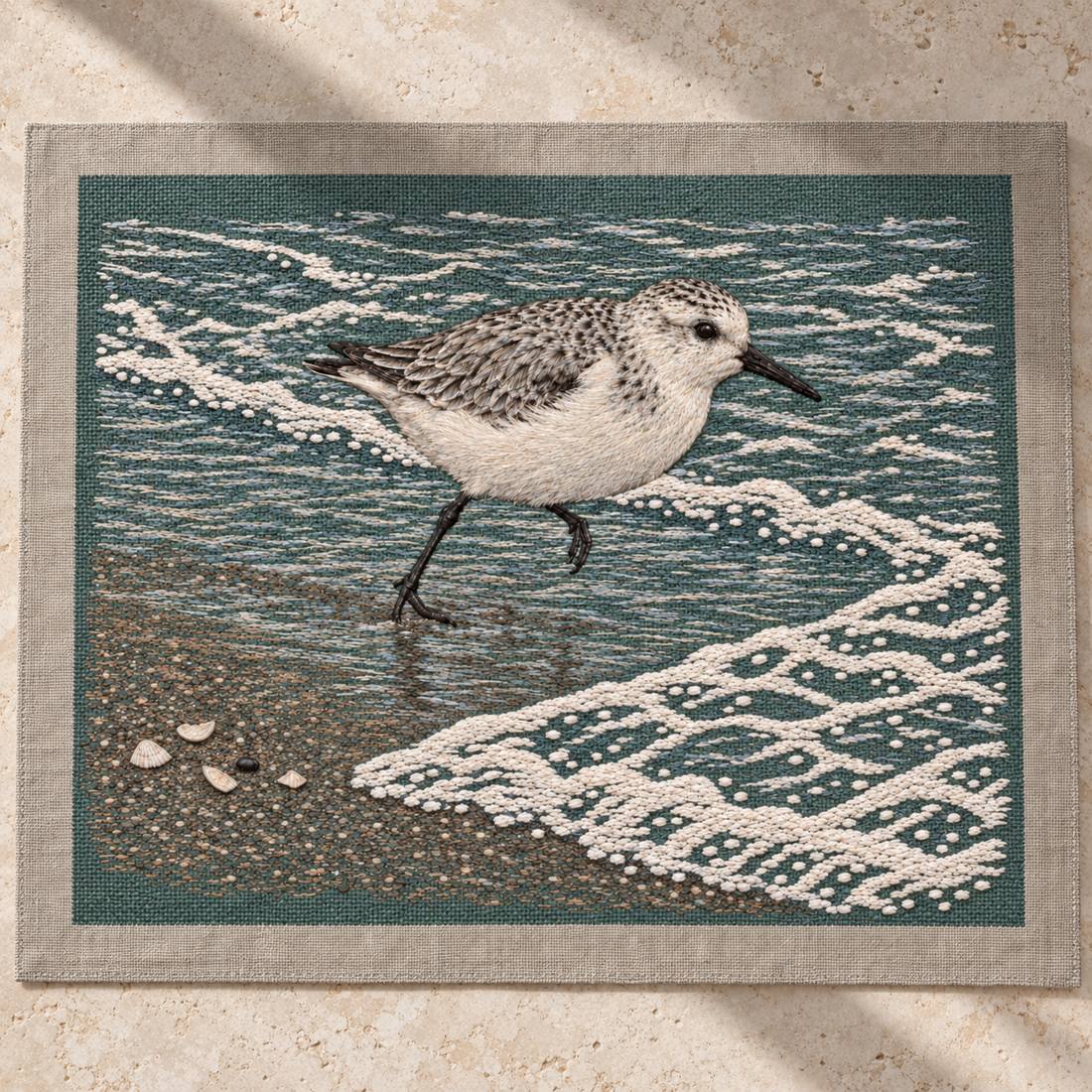 Sanderling Before the Returning Foam visual mockup shown as a textile panel on a stone platform, with the design on muted grey-green linen.