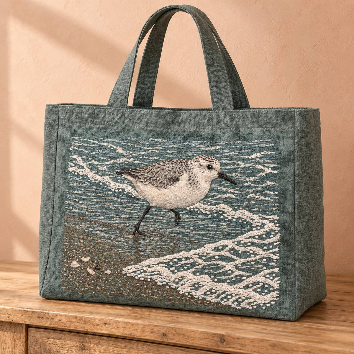 Sanderling Before the Returning Foam visual mockup shown on the front of a structured linen tote, with the design on muted grey-green linen.
