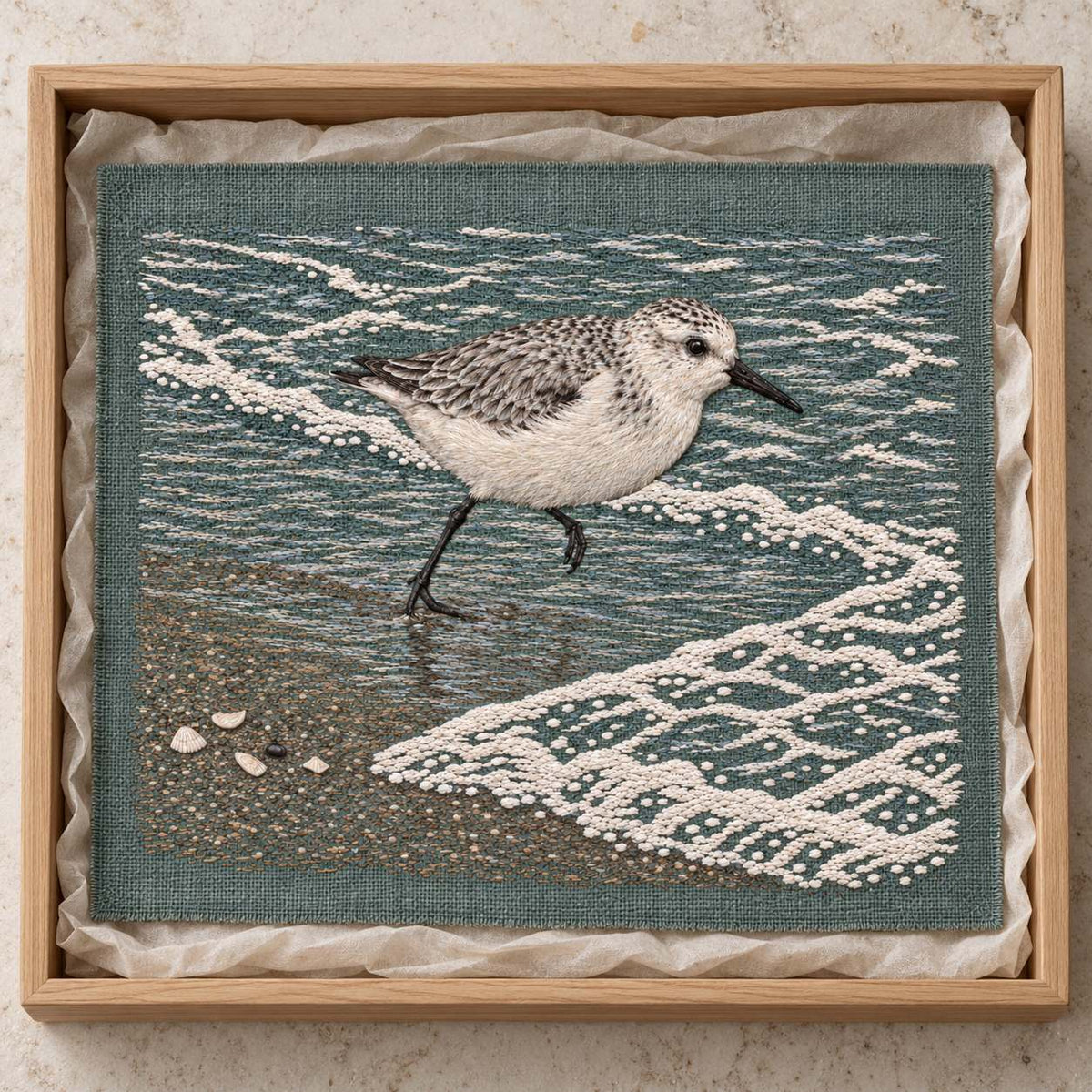 Sanderling Before the Returning Foam visual mockup shown as a textile panel in a collection tray, with the design on muted grey-green linen.