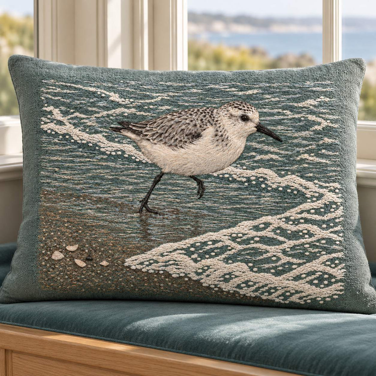 Sanderling Before the Returning Foam visual mockup shown on a cushion beside a window, with the design on muted grey-green linen.