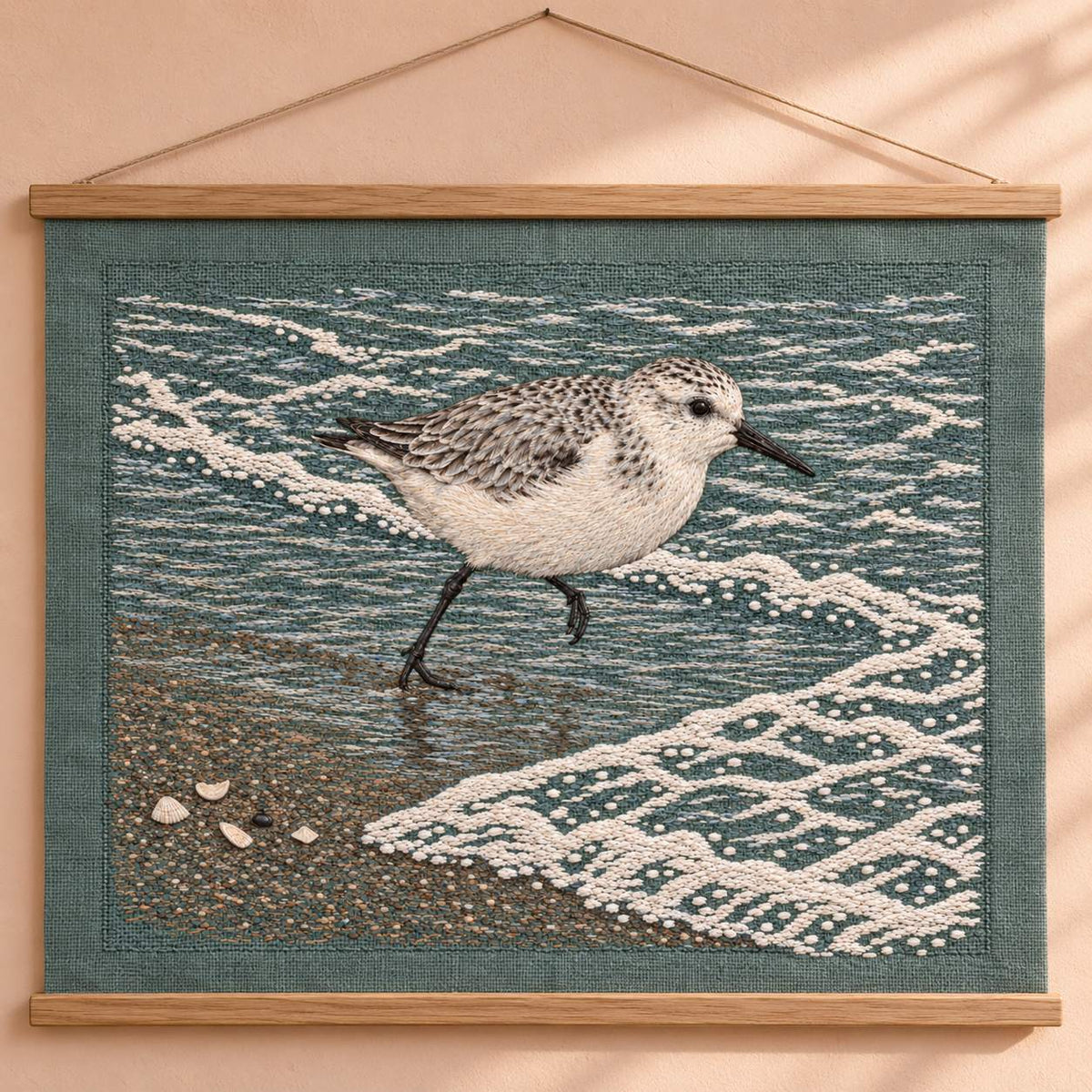 Sanderling Before the Returning Foam visual mockup shown as a hanging textile held by wooden rails, with the design on muted grey-green linen.