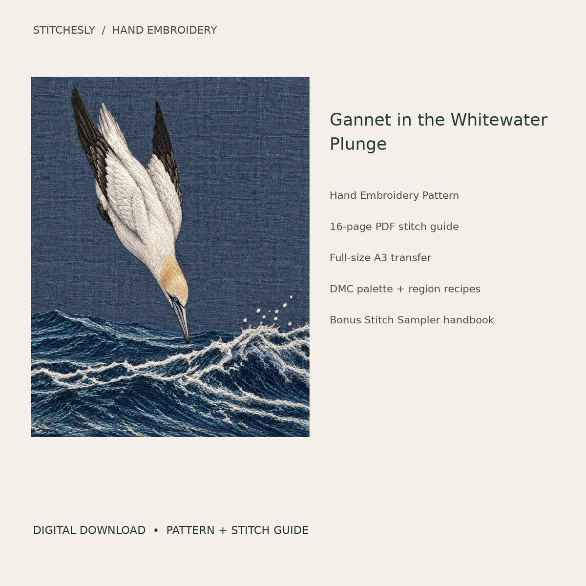 Gannet in the Whitewater Plunge: digital hand embroidery pattern cover with artwork and included files