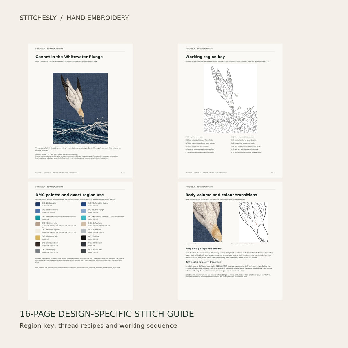 Gannet in the Whitewater Plunge: preview of the 16-page stitch guide, region key, DMC palette and stitching instructions
