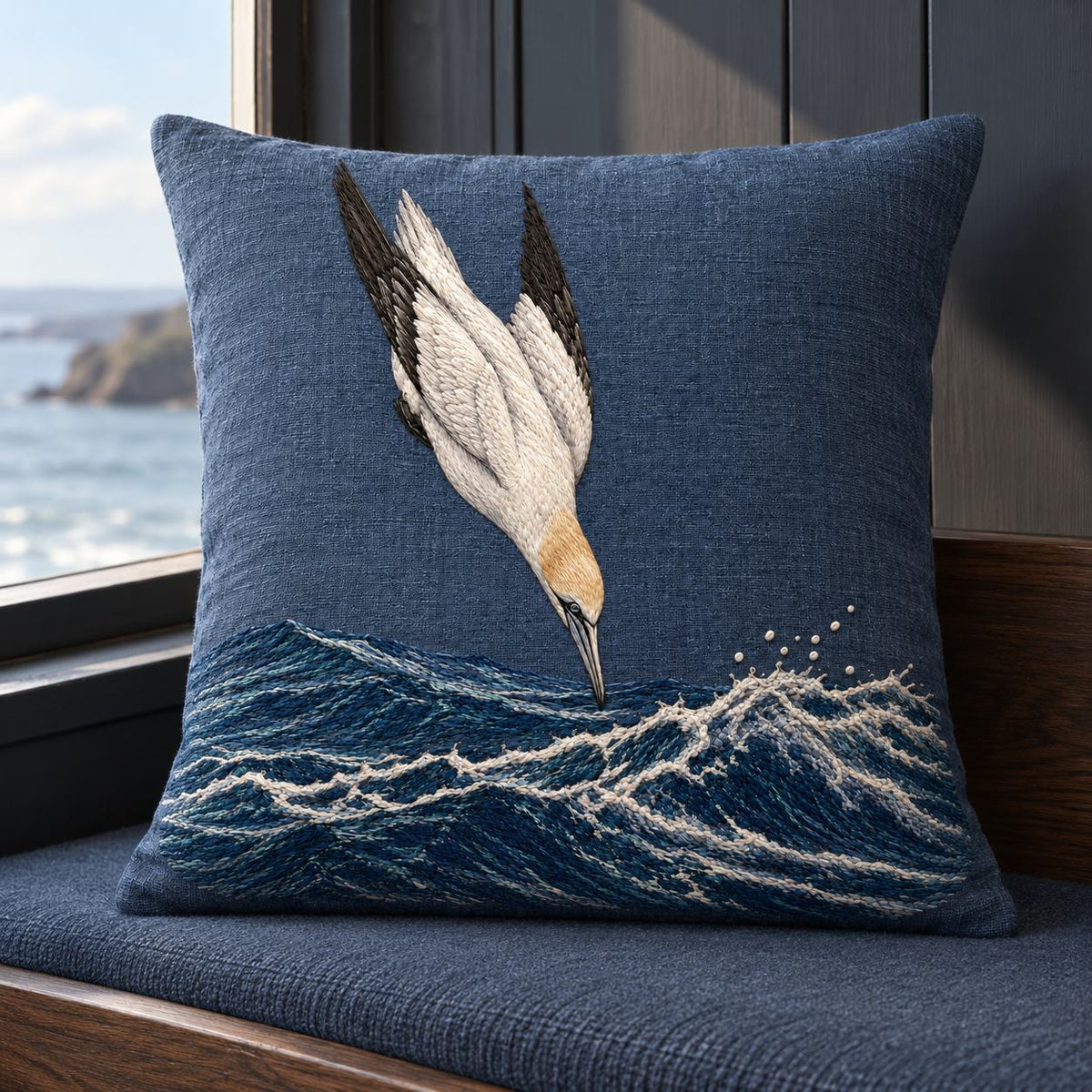 Gannet in the Whitewater Plunge visual mockup shown on a cushion beside a window, with the design on slate-blue linen.