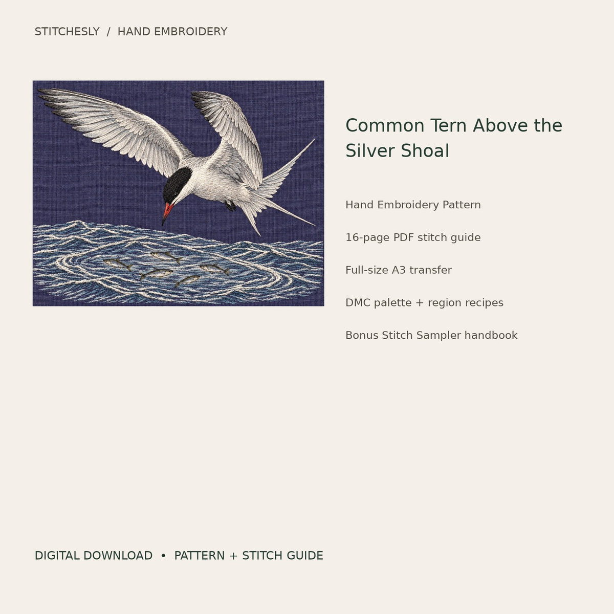 Common Tern Above the Silver Shoal: digital hand embroidery pattern cover with artwork and included files