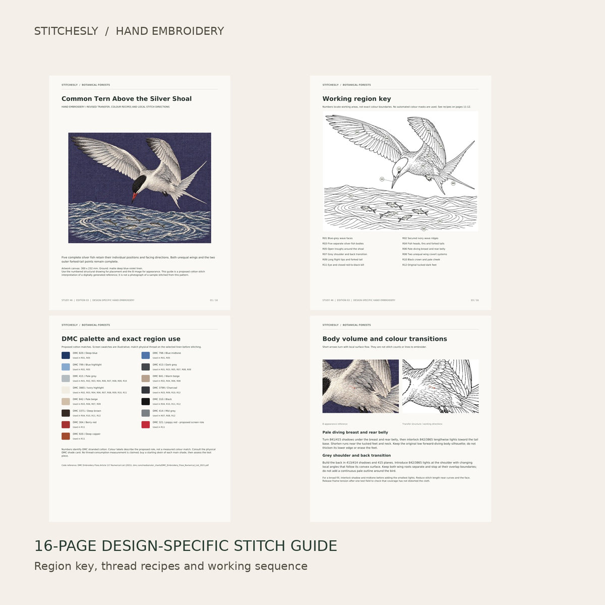 Common Tern Above the Silver Shoal: preview of the 16-page stitch guide, region key, DMC palette and stitching instructions