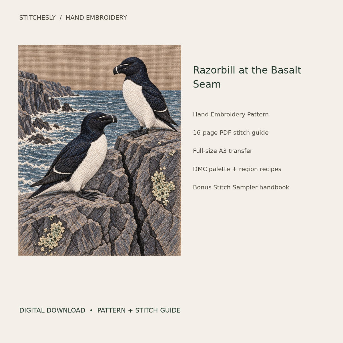 Razorbill at the Basalt Seam: digital hand embroidery pattern cover with artwork and included files