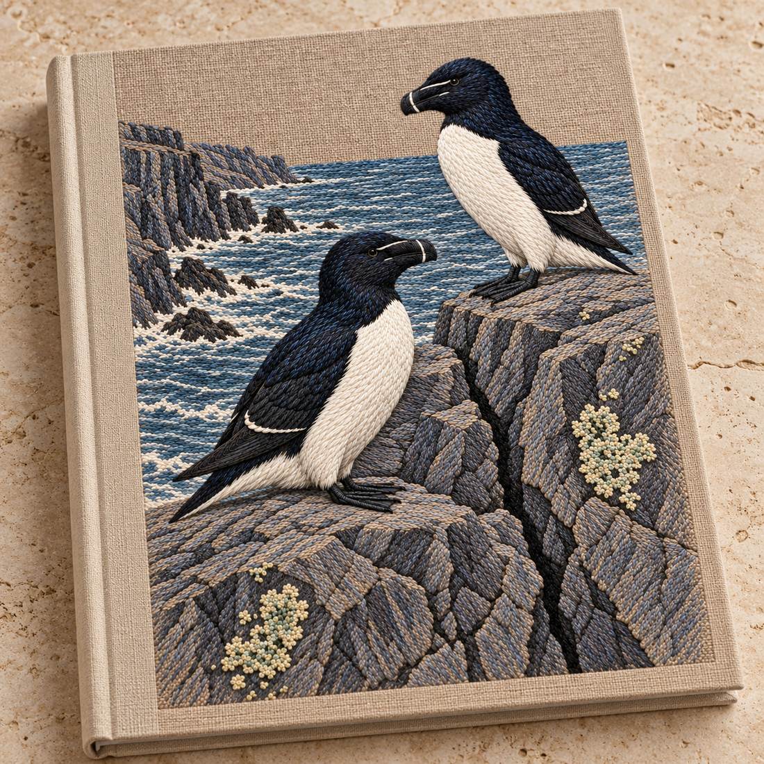 Razorbill at the Basalt Seam visual mockup shown on a cloth portfolio cover, with the design on warm oatmeal linen.