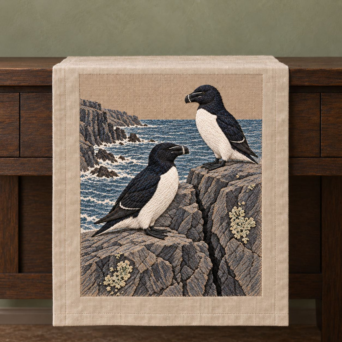 Razorbill at the Basalt Seam visual mockup shown on a textile runner over a console, with the design on warm oatmeal linen.