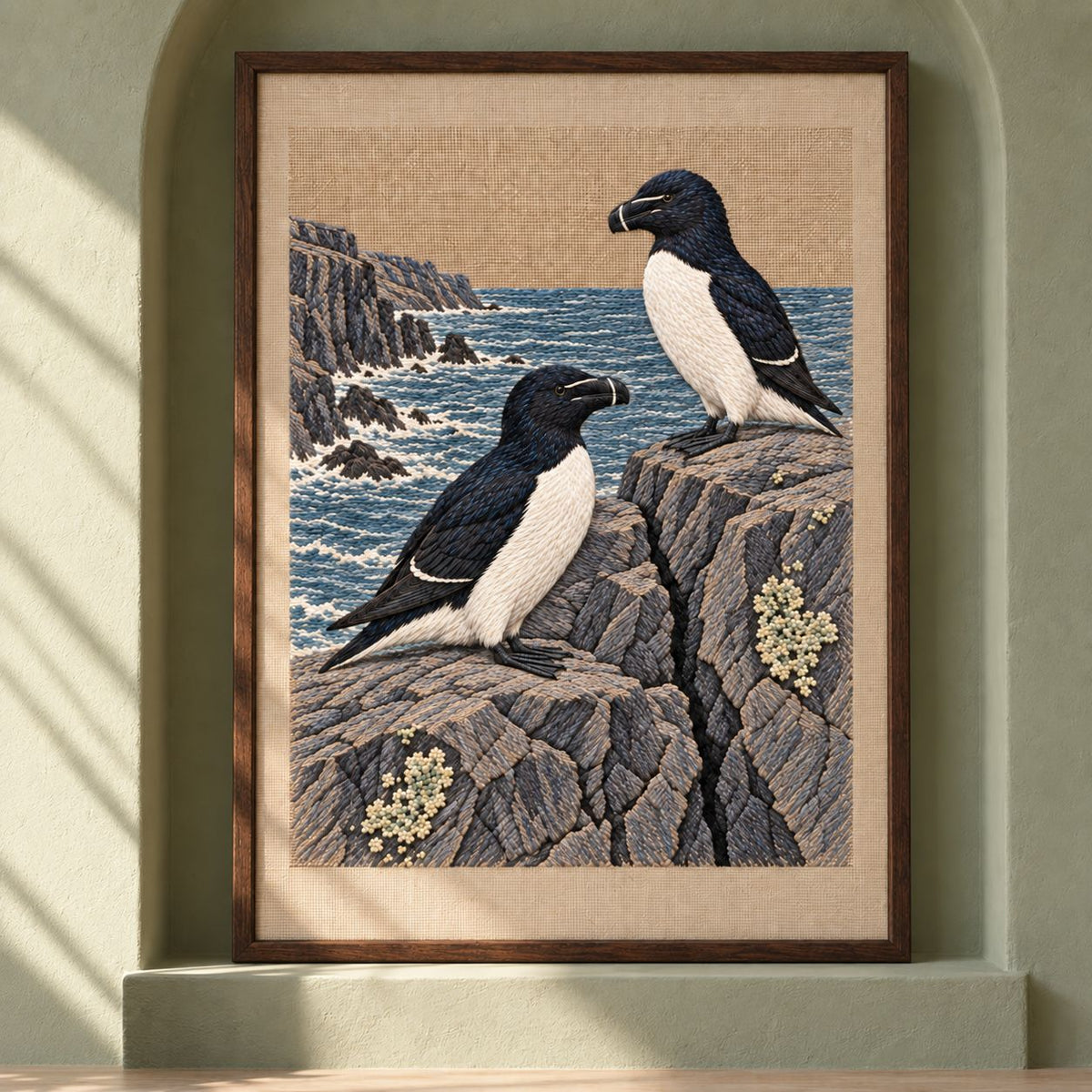 Razorbill at the Basalt Seam visual mockup shown as a framed textile in a gallery niche, with the design on warm oatmeal linen.