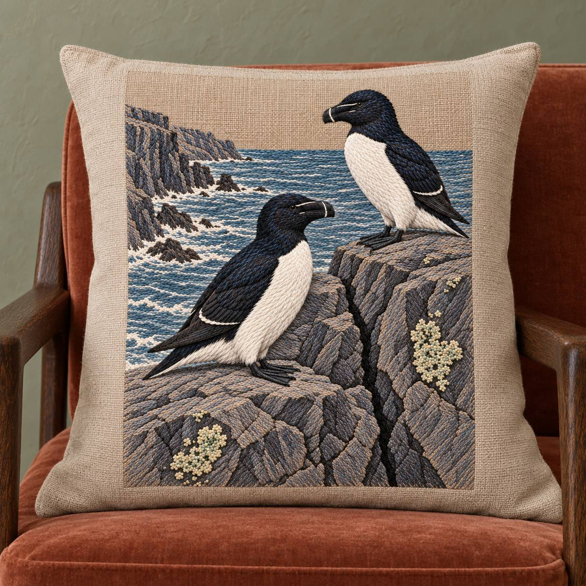 Razorbill at the Basalt Seam visual mockup shown on a cushion in a lounge chair, with the design on warm oatmeal linen.