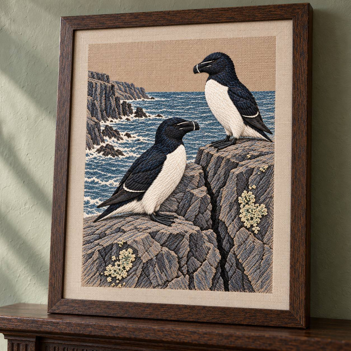 Razorbill at the Basalt Seam visual mockup shown in a frame leaning on a mantel, with the design on warm oatmeal linen.
