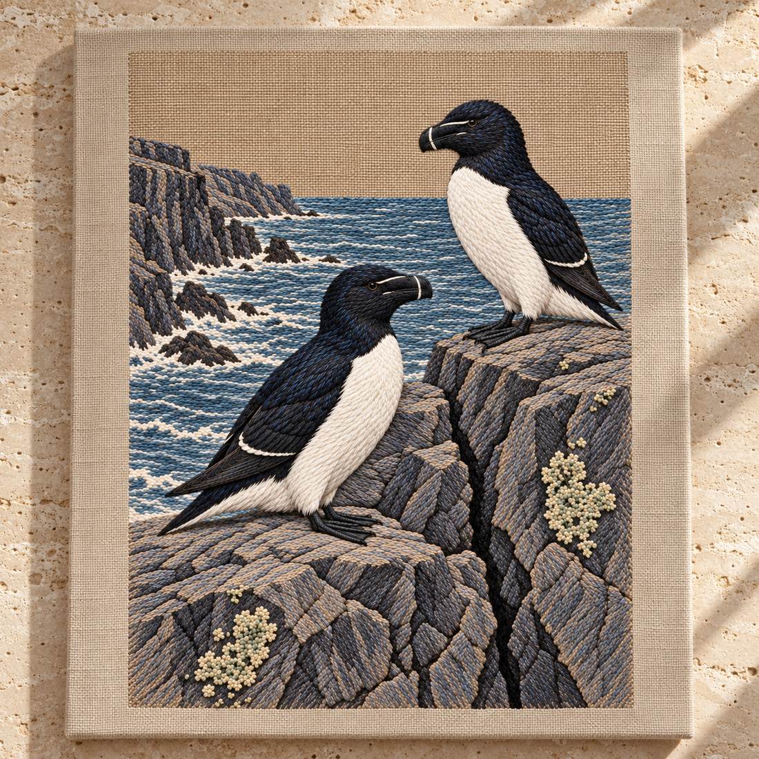 Razorbill at the Basalt Seam visual mockup shown as a textile panel on a stone platform, with the design on warm oatmeal linen.