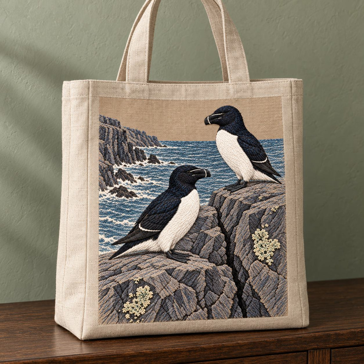 Razorbill at the Basalt Seam visual mockup shown on the front of a structured linen tote, with the design on warm oatmeal linen.