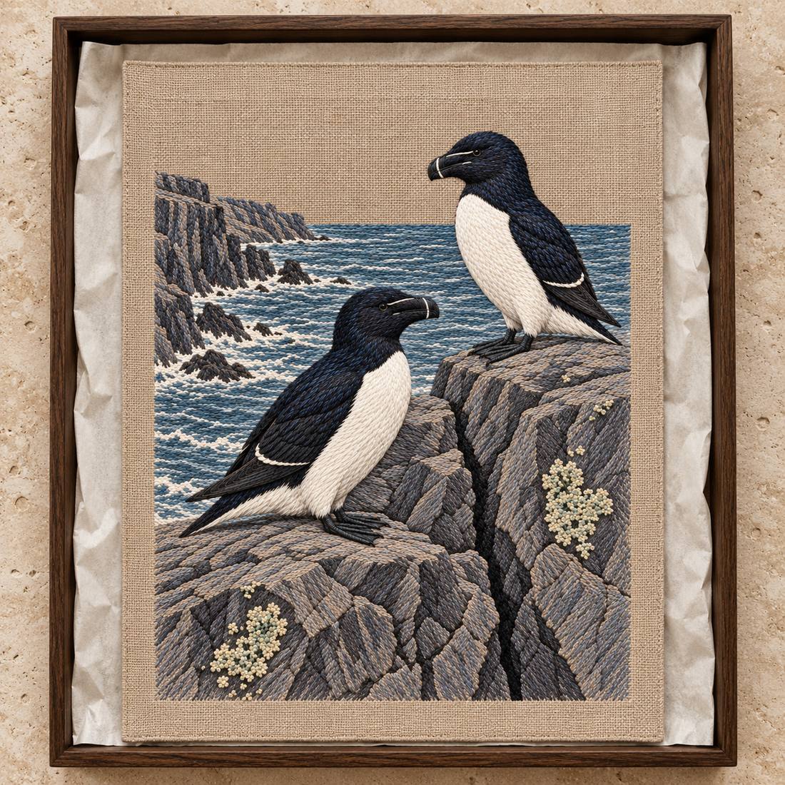 Razorbill at the Basalt Seam visual mockup shown as a textile panel in a collection tray, with the design on warm oatmeal linen.